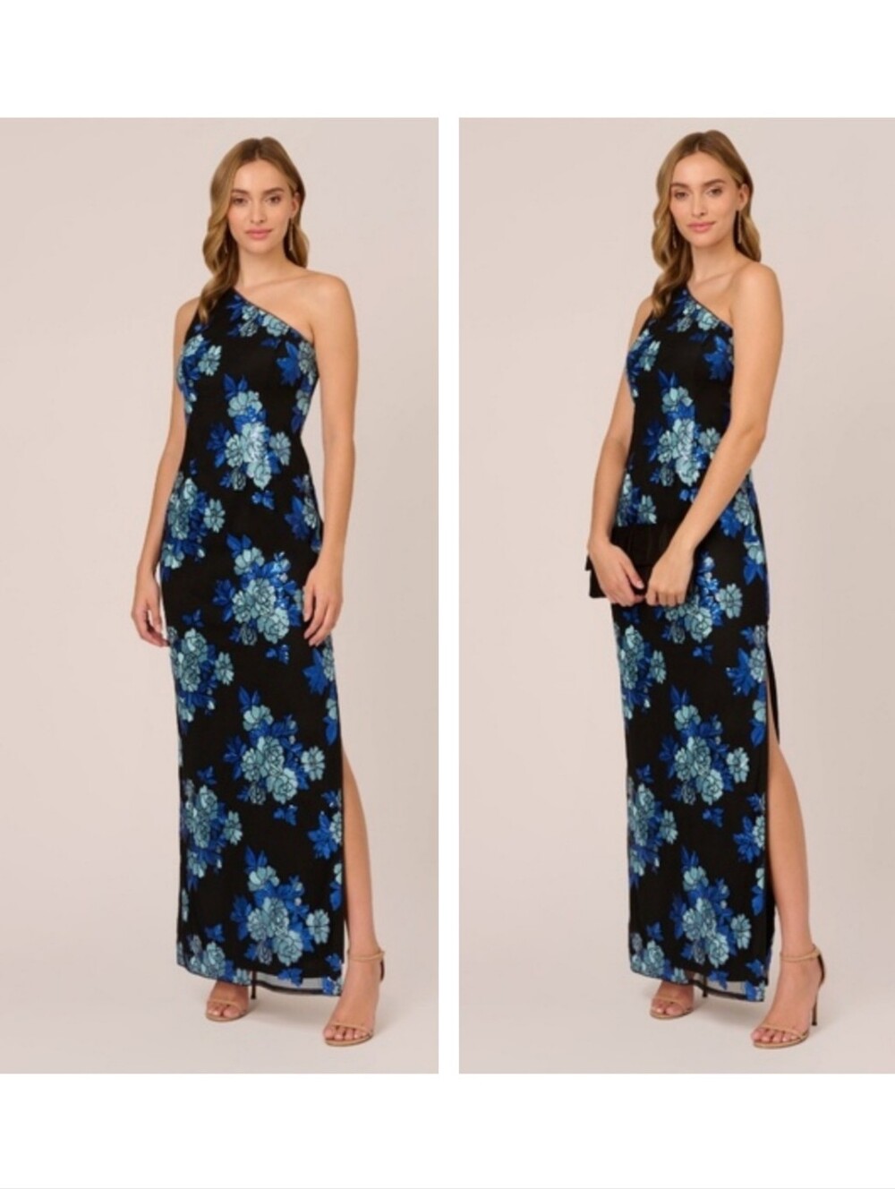 Adrianna Papell Floral Sequin One Shoulder Column Gown in Black Blue Floral 8